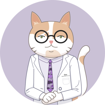 Cartoon drawing of a cat named Doc wearing a lab coat and glasses.